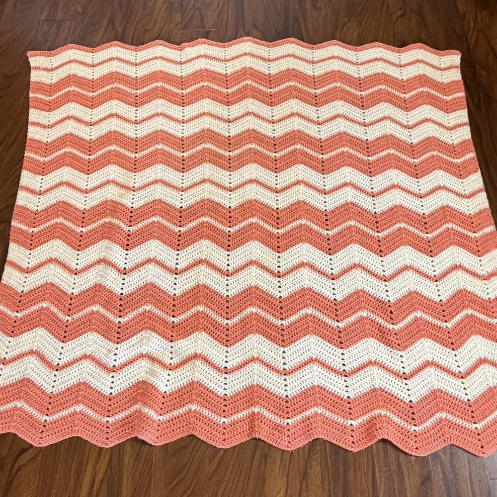 VTG Crochet Chevron Blanket Afghan Coral Cream Zig Zag Handmade 60x63 Boho